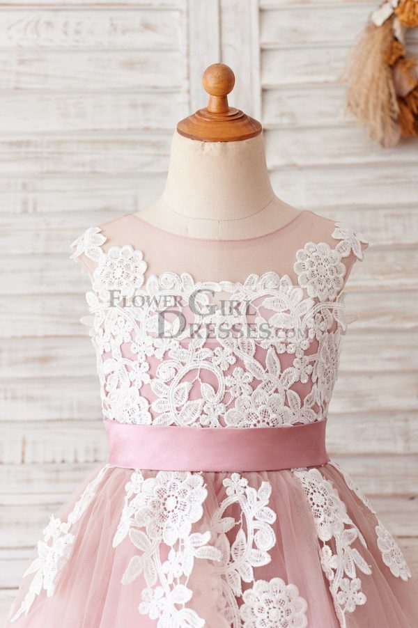 Ivory Lace Mauve/Silver Gray Tulle Wedding Flower Girl Dress - Image 3