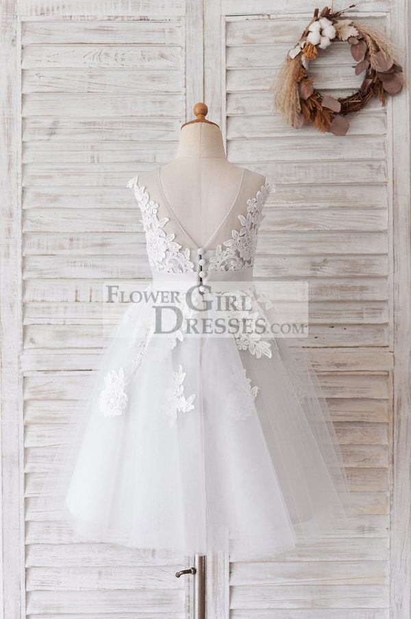 Ivory Lace Mauve/Silver Gray Tulle Wedding Flower Girl Dress - Image 6