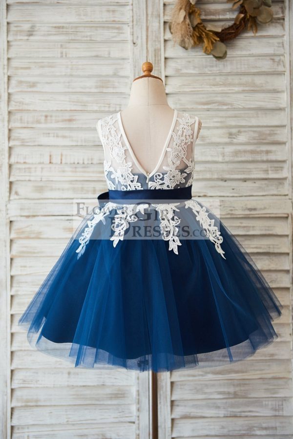 Princess Ivory Lace Navy Blue Tulle V Back Wedding Flower Girl Dress - Image 2