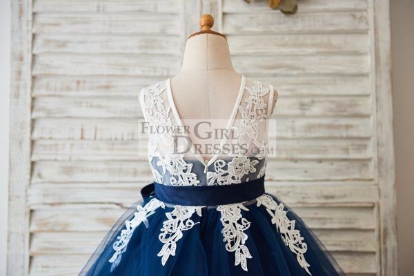 Princess Ivory Lace Navy Blue Tulle V Back Wedding Flower Girl Dress - Image 4