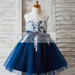 Princess Ivory Lace Navy Blue Tulle V Back Wedding Flower Girl Dress