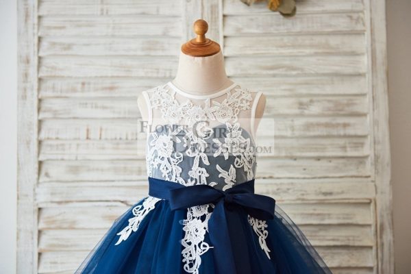 Princess Ivory Lace Navy Blue Tulle V Back Wedding Flower Girl Dress - Image 3