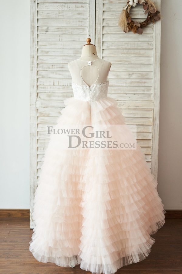 Ivory Lace Peach Cupcake Tulle Keyhole Back Wedding Flower Girl Dress - Image 2