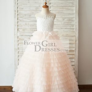 Ivory Lace Peach Cupcake Tulle Keyhole Back Wedding Flower Girl Dress