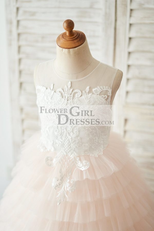 Ivory Lace Peach Cupcake Tulle Keyhole Back Wedding Flower Girl Dress - Image 3