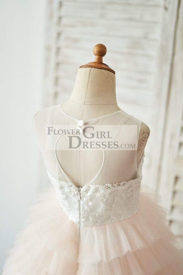 Ivory Lace Peach Cupcake Tulle Keyhole Back Wedding Flower Girl Dress - Image 4