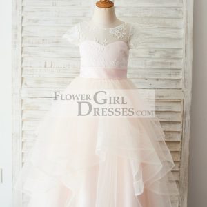 Ivory Lace Pink Tulle Cap Sleeves Wedding Flower Girl Dress, Horsehair