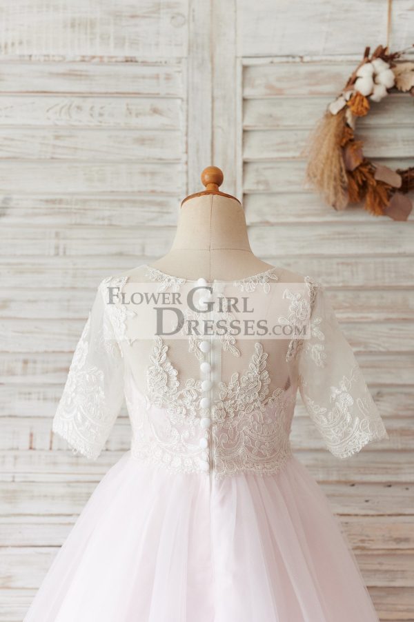 Princess Ivory Lace Pink Tulle Short Sleeves Wedding Flower Girl Dress - Image 4