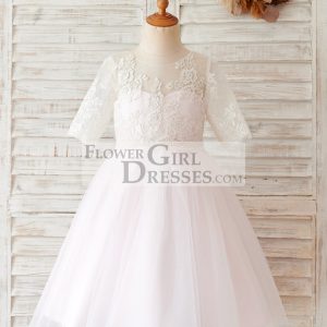 Princess Ivory Lace Pink Tulle Short Sleeves Wedding Flower Girl Dress