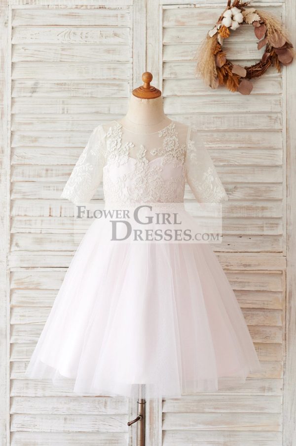 Princess Ivory Lace Pink Tulle Short Sleeves Wedding Flower Girl Dress
