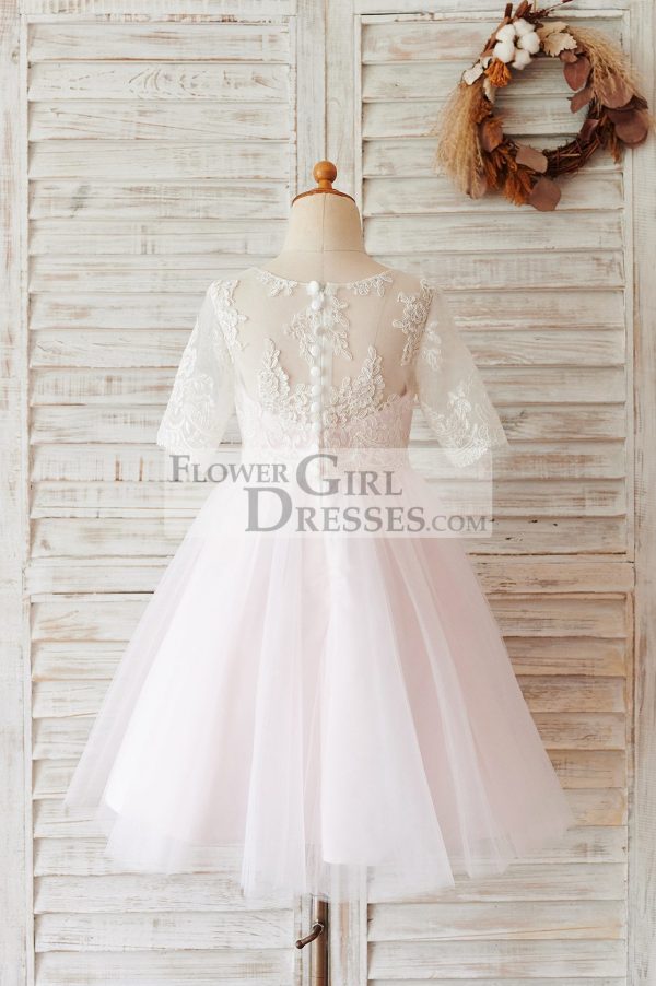 Princess Ivory Lace Pink Tulle Short Sleeves Wedding Flower Girl Dress - Image 2