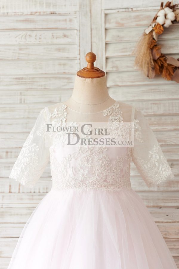 Princess Ivory Lace Pink Tulle Short Sleeves Wedding Flower Girl Dress - Image 3