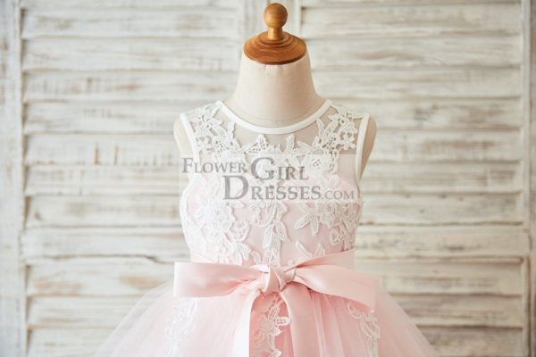 Princess Ivory Lace Pink Tulle V Back Wedding Flower Girl Dress - Image 3