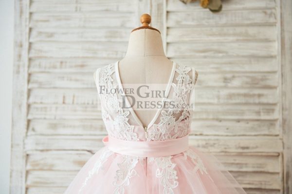 Princess Ivory Lace Pink Tulle V Back Wedding Flower Girl Dress - Image 4