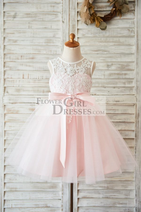 Princess Ivory Lace Pink Tulle V Back Wedding Flower Girl Dress