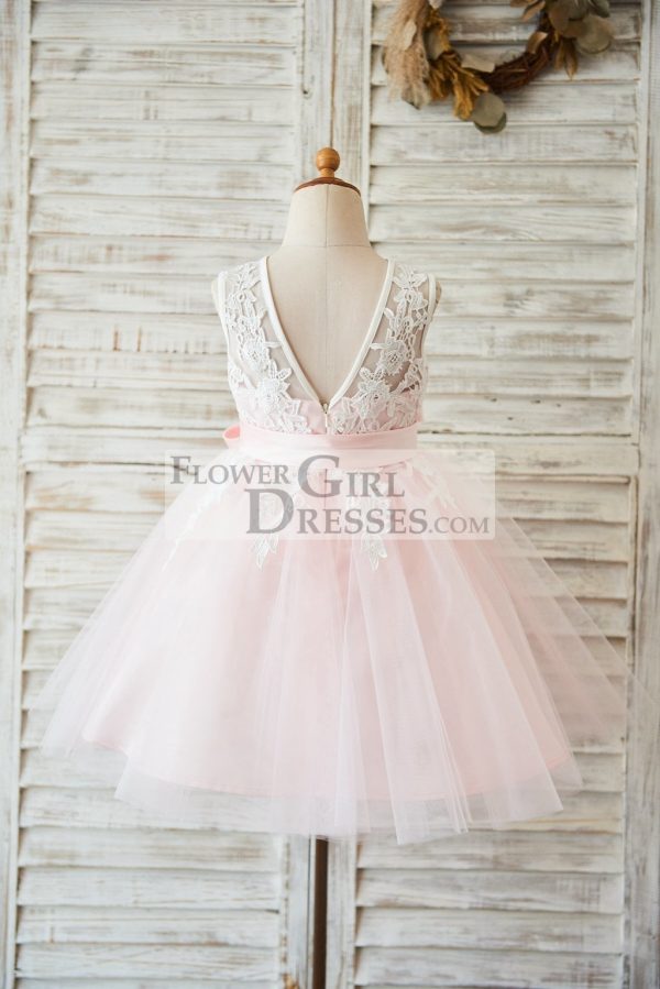 Princess Ivory Lace Pink Tulle V Back Wedding Flower Girl Dress - Image 2