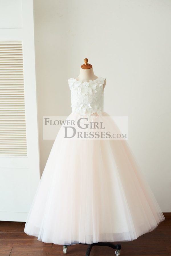 Ivory Lace Pink Tulle Wedding Party Flower Girl Dress, Butterfly Cape - Image 3