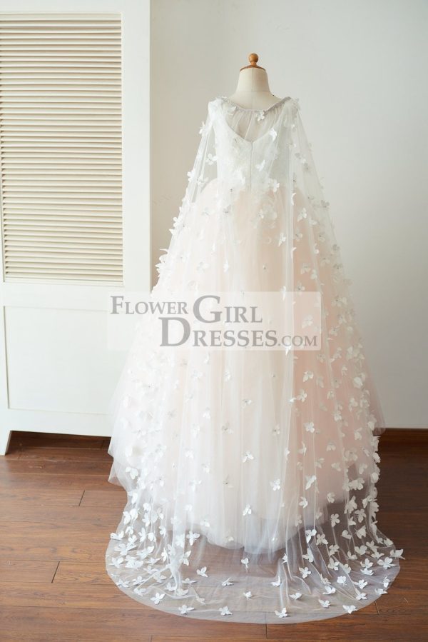 Ivory Lace Pink Tulle Wedding Party Flower Girl Dress, Butterfly Cape - Image 2