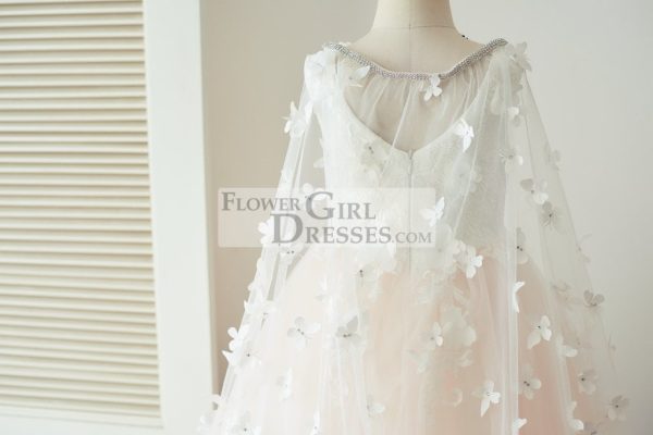 Ivory Lace Pink Tulle Wedding Party Flower Girl Dress, Butterfly Cape - Image 6