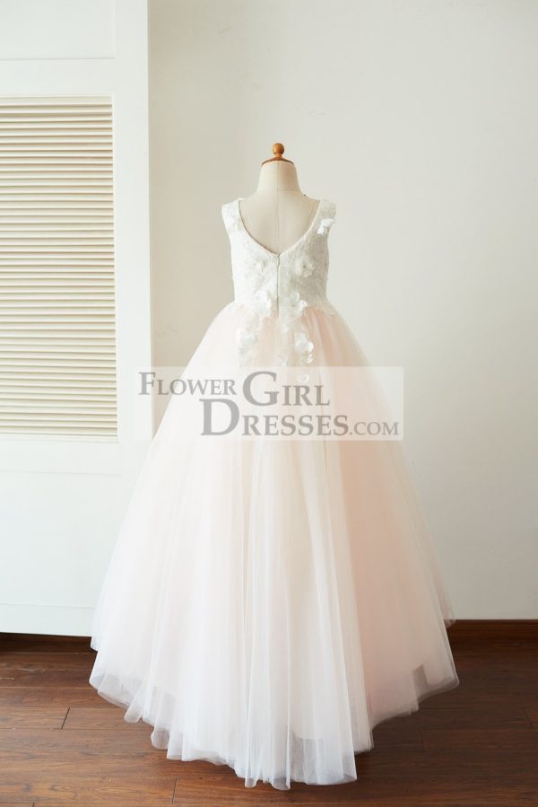 Ivory Lace Pink Tulle Wedding Party Flower Girl Dress, Butterfly Cape - Image 4
