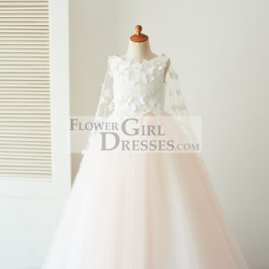 Ivory Lace Pink Tulle Wedding Party Flower Girl Dress, Butterfly Cape