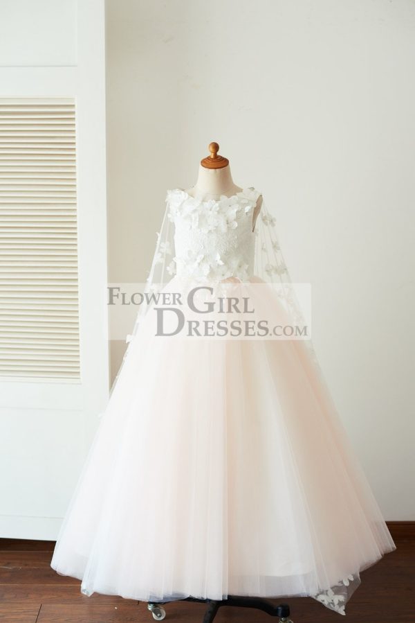 Ivory Lace Pink Tulle Wedding Party Flower Girl Dress, Butterfly Cape