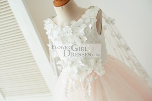 Ivory Lace Pink Tulle Wedding Party Flower Girl Dress, Butterfly Cape - Image 5