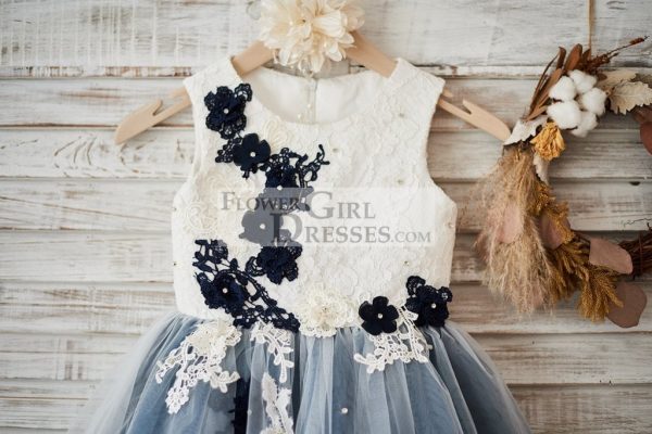 Ivory Lace Dusty Bule Tulle Wedding Flower Girl Dress, AppliquesBeads - Image 3