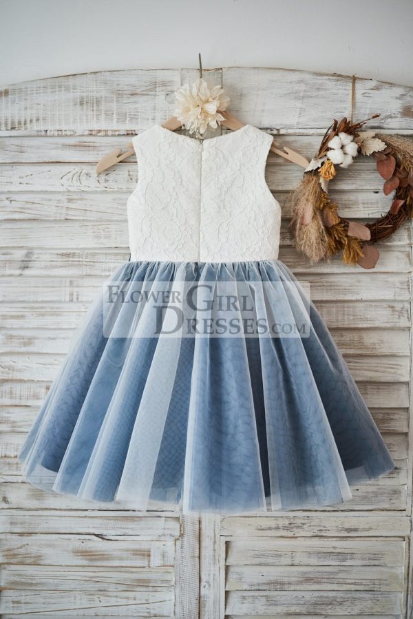 Ivory Lace Dusty Bule Tulle Wedding Flower Girl Dress, AppliquesBeads - Image 2