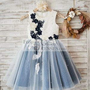 Ivory Lace Dusty Bule Tulle Wedding Flower Girl Dress, AppliquesBeads