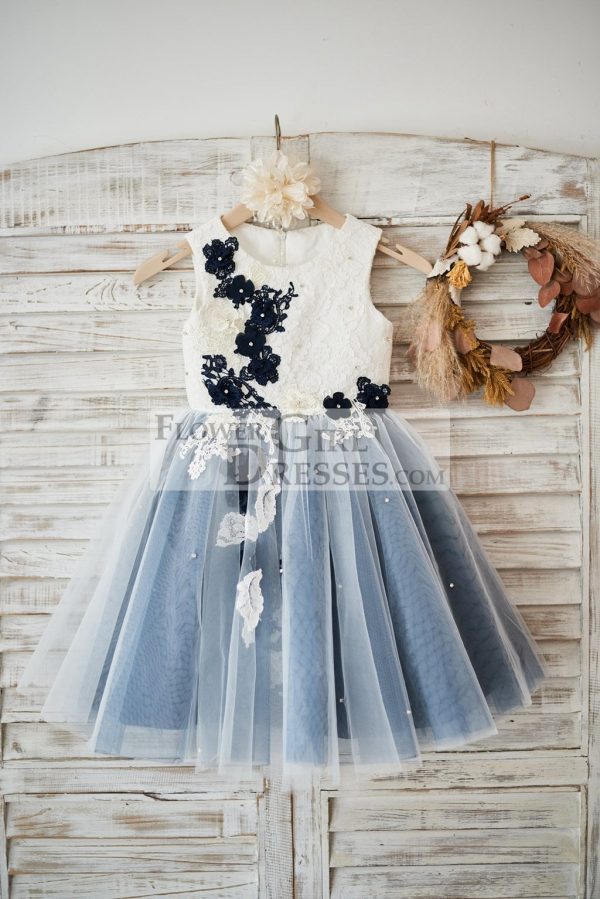 Ivory Lace Dusty Bule Tulle Wedding Flower Girl Dress, AppliquesBeads
