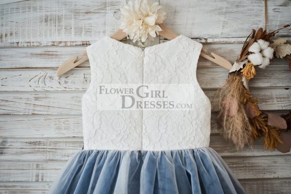 Ivory Lace Dusty Bule Tulle Wedding Flower Girl Dress, AppliquesBeads - Image 4