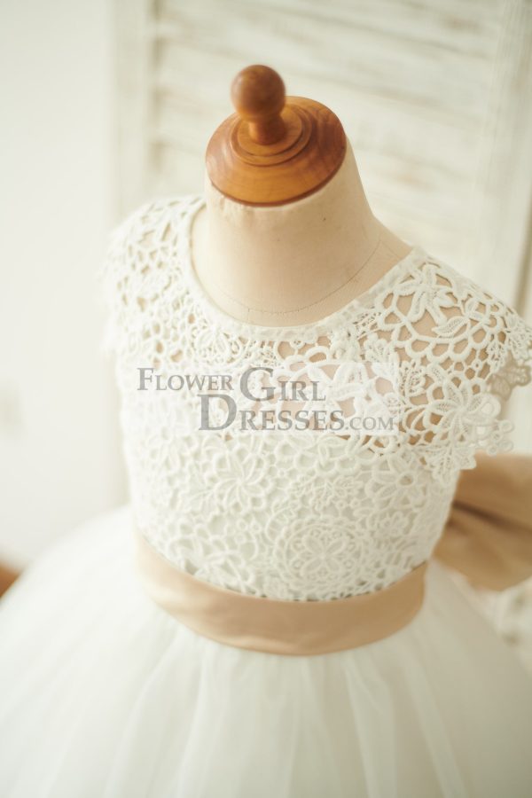 Ivory Lace Tulle Cap Sleeves Wedding Flower Girl Dress, Bow - Image 3