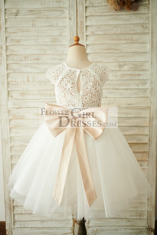 Ivory Lace Tulle Cap Sleeves Wedding Flower Girl Dress, Bow - Image 2