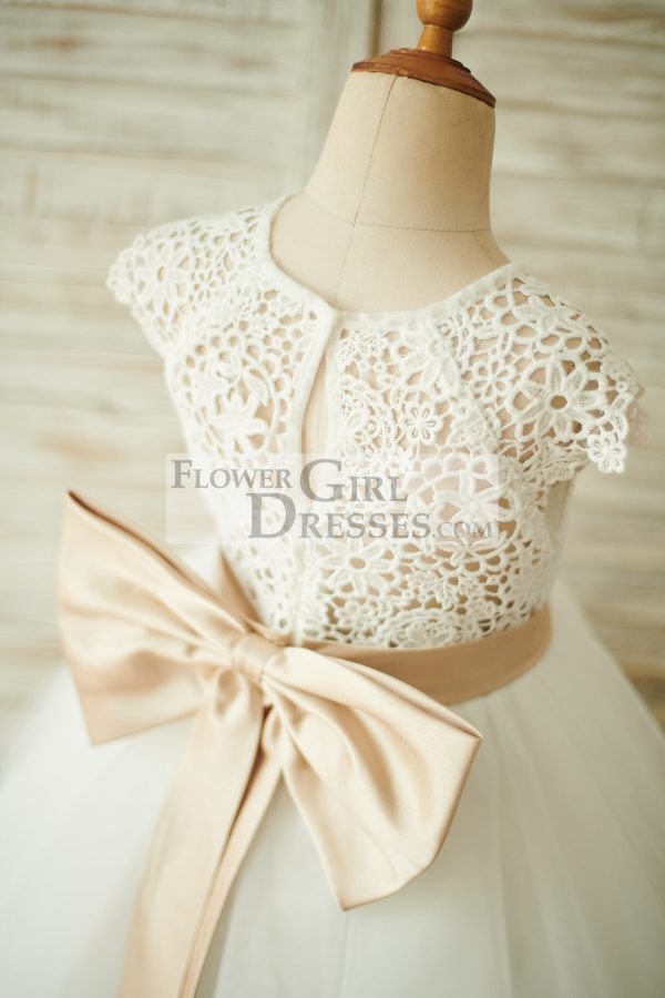 Ivory Lace Tulle Cap Sleeves Wedding Flower Girl Dress, Bow - Image 4