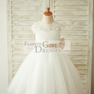 Ivory Lace Tulle Cap Sleeves Wedding Flower Girl Dress, Bow