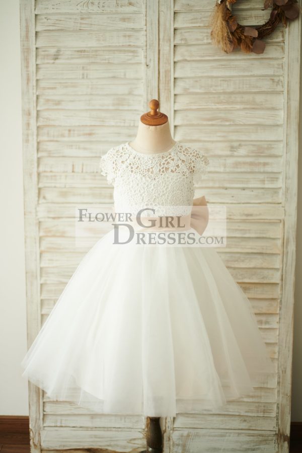 Ivory Lace Tulle Cap Sleeves Wedding Flower Girl Dress, Bow