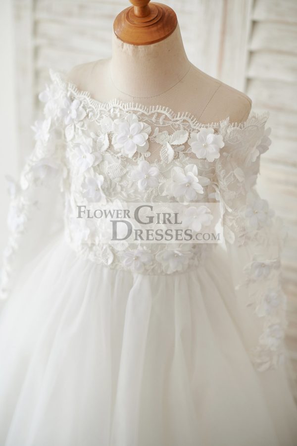 Ivory Lace Tulle Off Shoulder Long Sleeves Wedding Flower Girl Dress with 3D Flowers - Image 3