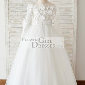 Ivory Lace Tulle Off Shoulder Long Sleeves Wedding Flower Girl Dress with 3D Flowers