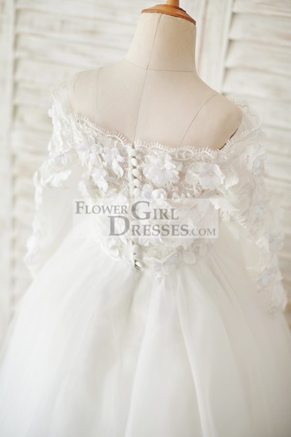 Ivory Lace Tulle Off Shoulder Long Sleeves Wedding Flower Girl Dress with 3D Flowers - Image 4