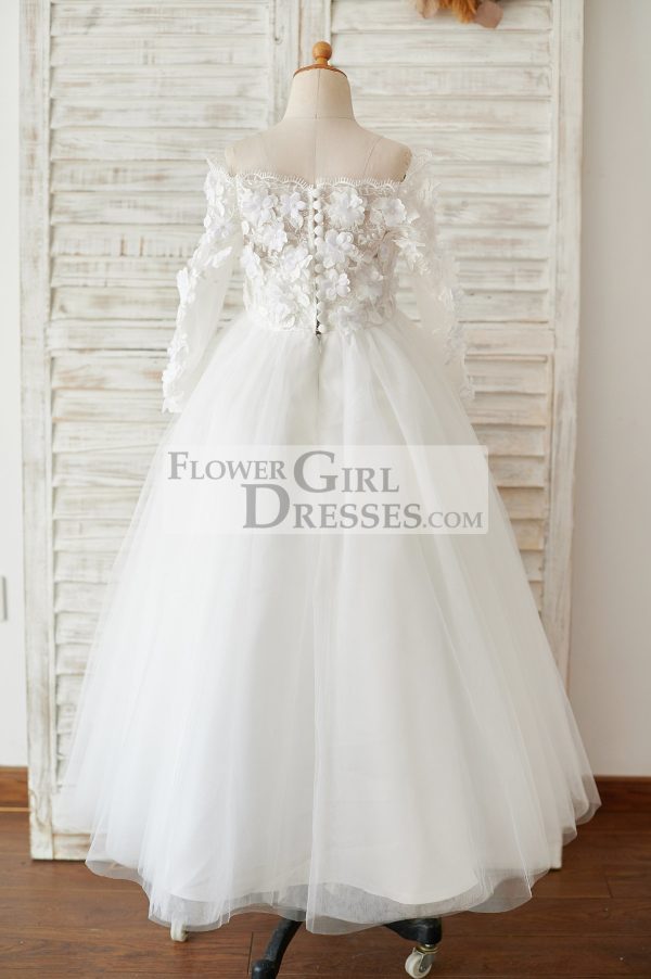Ivory Lace Tulle Off Shoulder Long Sleeves Wedding Flower Girl Dress with 3D Flowers - Image 2