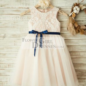 Ivory Lace Tulle Pink Lining Wedding Flower Girl Dress, Navy Blue Sash