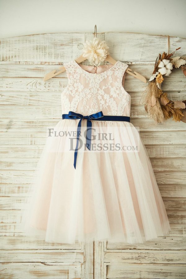 Ivory Lace Tulle Pink Lining Wedding Flower Girl Dress, Navy Blue Sash