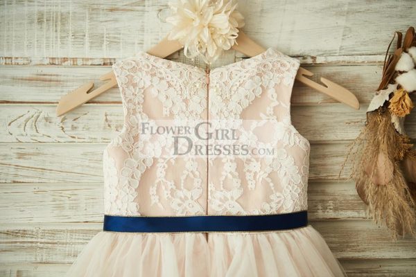 Ivory Lace Tulle Pink Lining Wedding Flower Girl Dress, Navy Blue Sash - Image 4