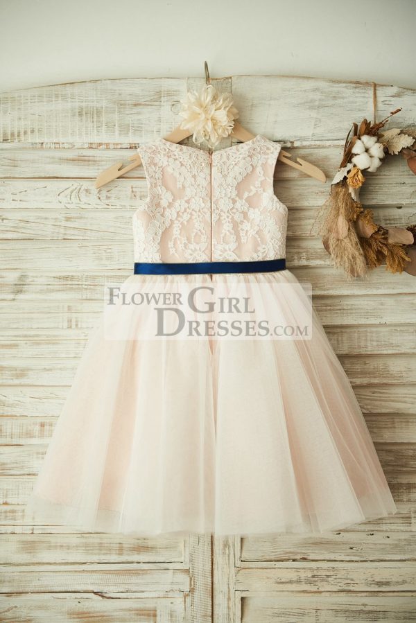 Ivory Lace Tulle Pink Lining Wedding Flower Girl Dress, Navy Blue Sash - Image 2
