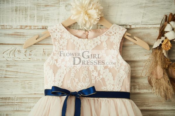 Ivory Lace Tulle Pink Lining Wedding Flower Girl Dress, Navy Blue Sash - Image 3