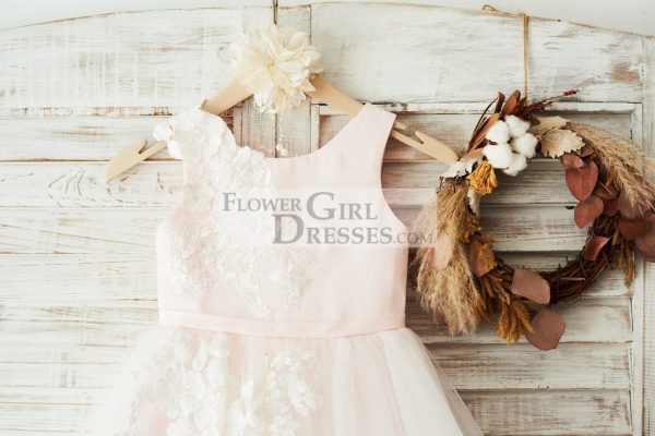 Ivory Lace Tulle Pink Satin Wedding Flower Girl Dress Junior Bridesmaid Dress - Image 3