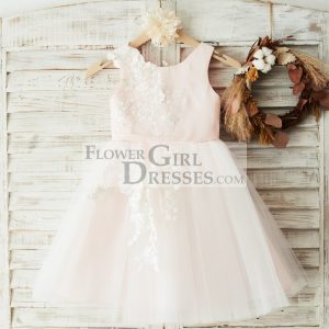 Ivory Lace Tulle Pink Satin Wedding Flower Girl Dress Junior Bridesmaid Dress