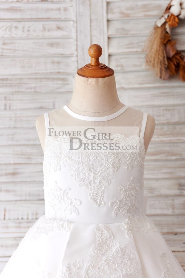 Princess Ivory Lace Tulle Sheer Back Wedding Party Flower Girl Dress - Image 3