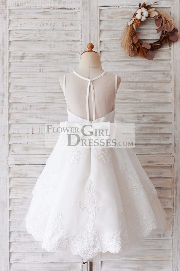 Princess Ivory Lace Tulle Sheer Back Wedding Party Flower Girl Dress - Image 2